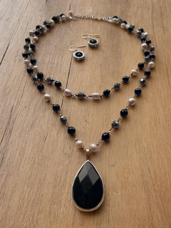 Onyx Pendant l drop double strand Necklaces, Sterling silver and Earrings - Picture 8 of 8